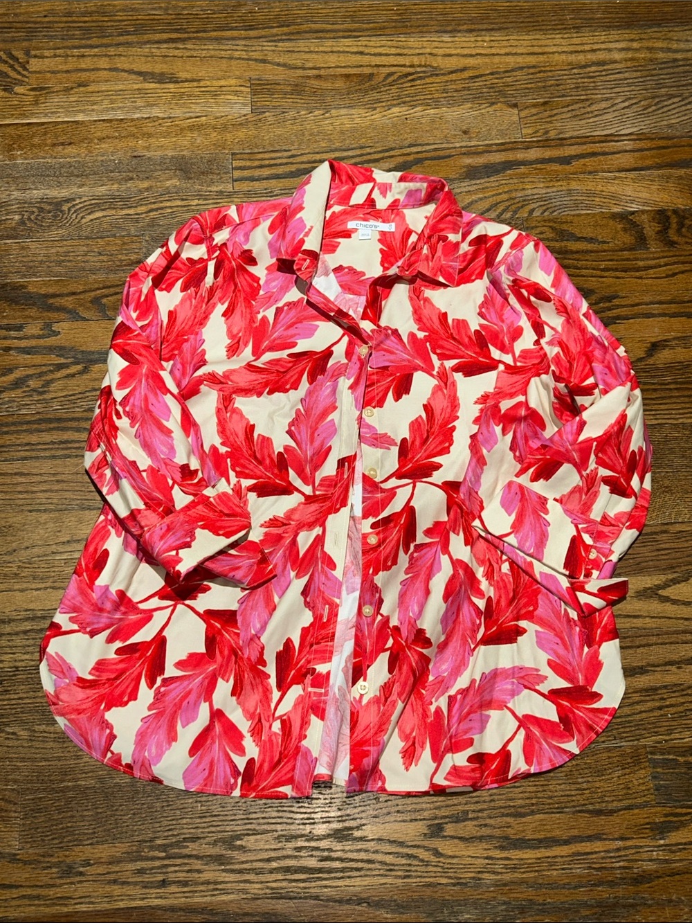 Chico’s Bright Button-Up Shirt with Pink & Red Leaf Print